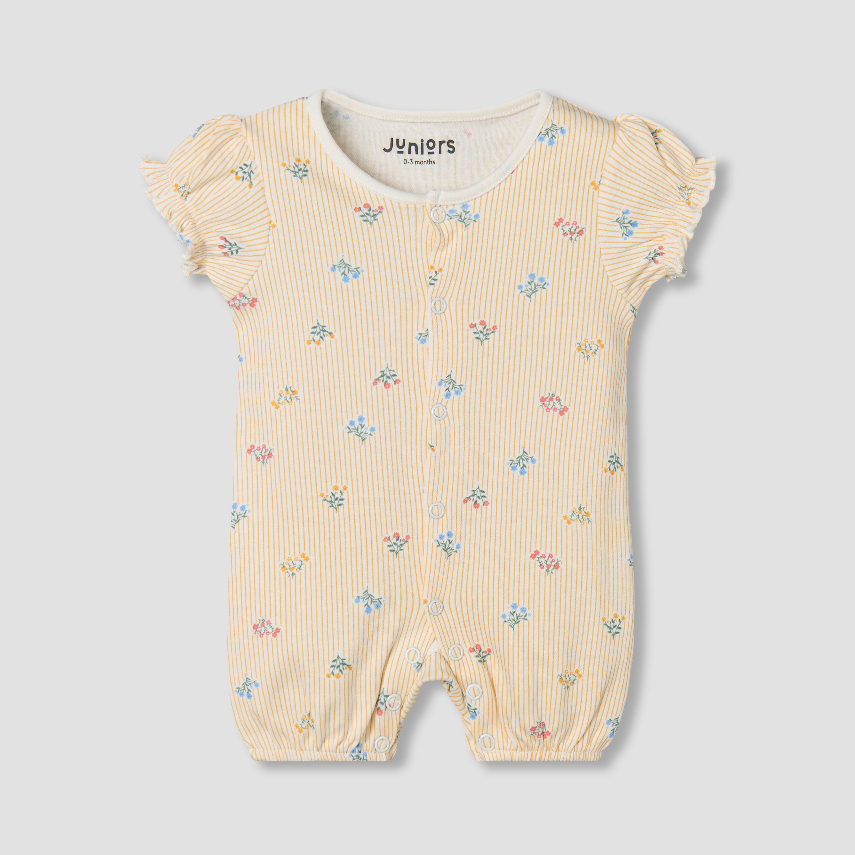 Juniors Round Neck Short Sleeves Romper with Floral Stripe Print - Yellow / 12-18 mths
