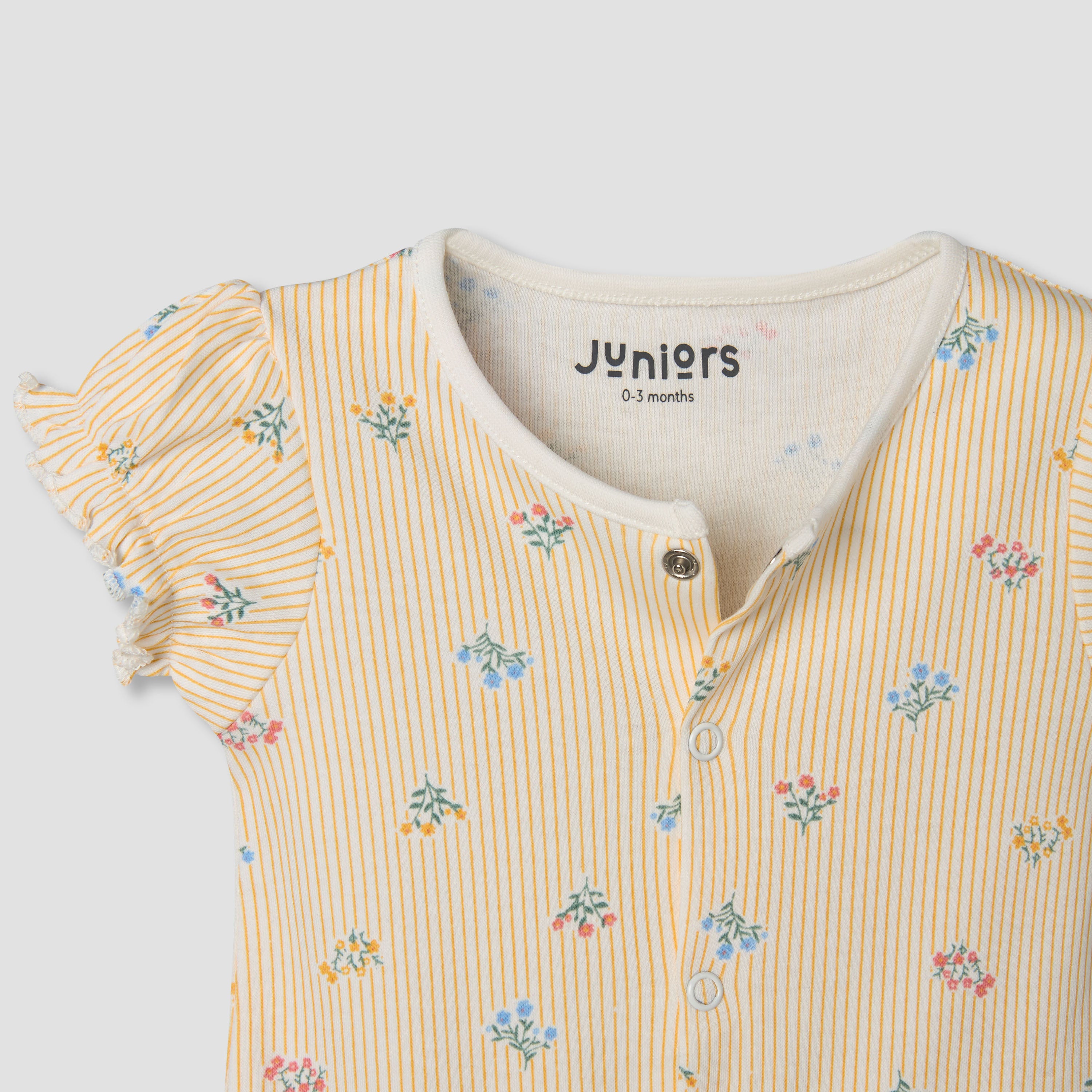 Juniors Round Neck Short Sleeves Romper with Floral Stripe Print