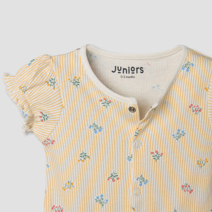 Juniors Round Neck Short Sleeves Romper with Floral Stripe Print