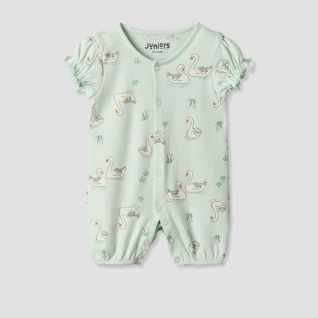 Juniors Round Neck Short Sleeves Romper with Swan Print