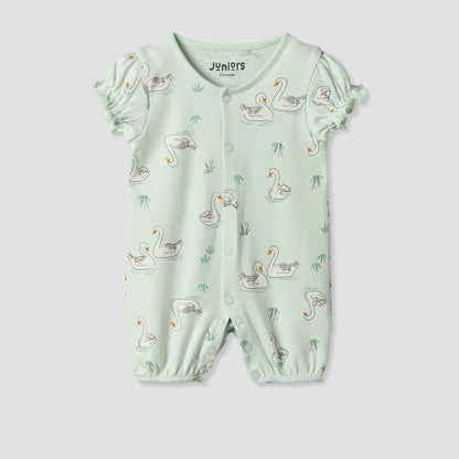 Juniors Round Neck Short Sleeves Romper with Swan Print