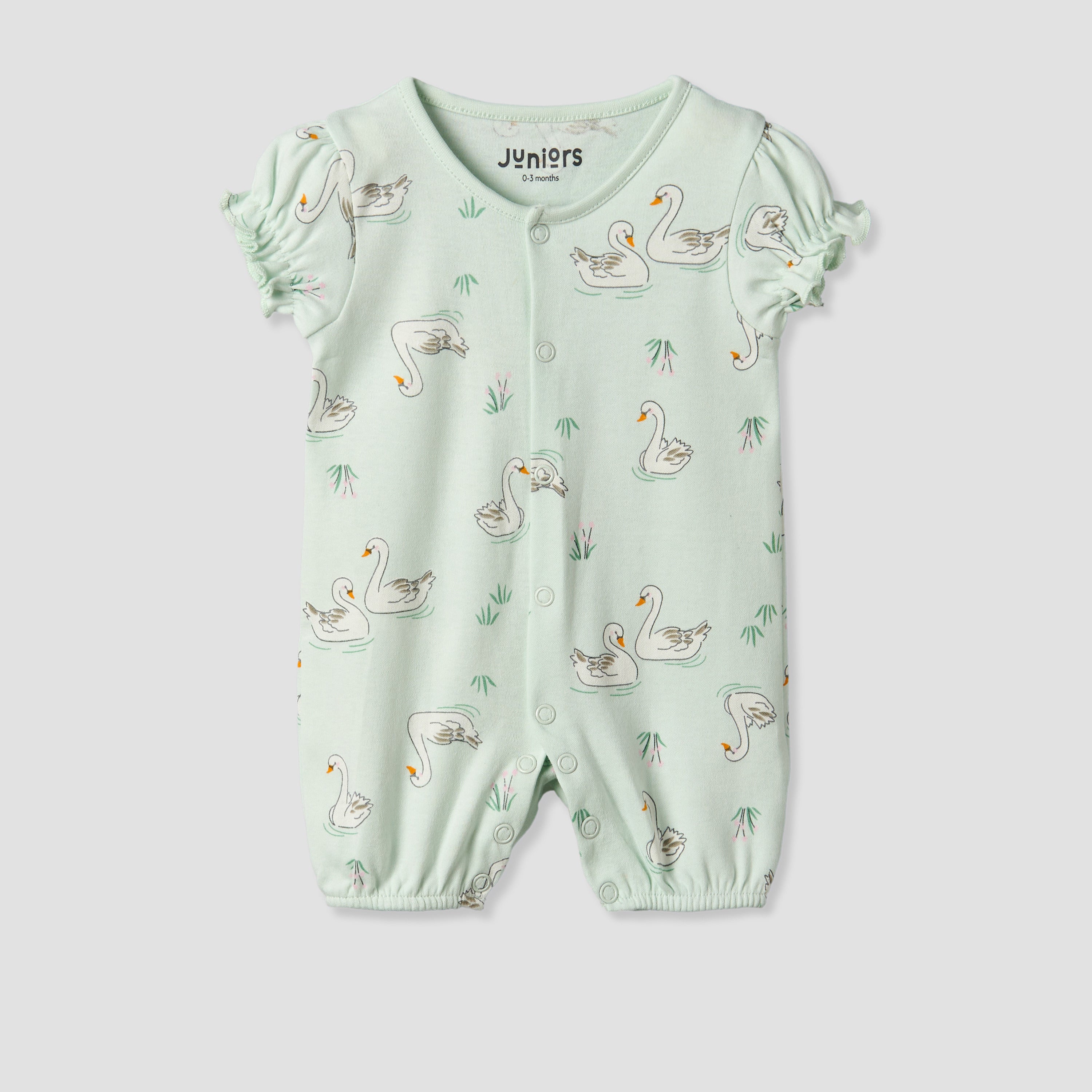 Juniors Round Neck Short Sleeves Romper with Swan Print - Green / 12-18 mths