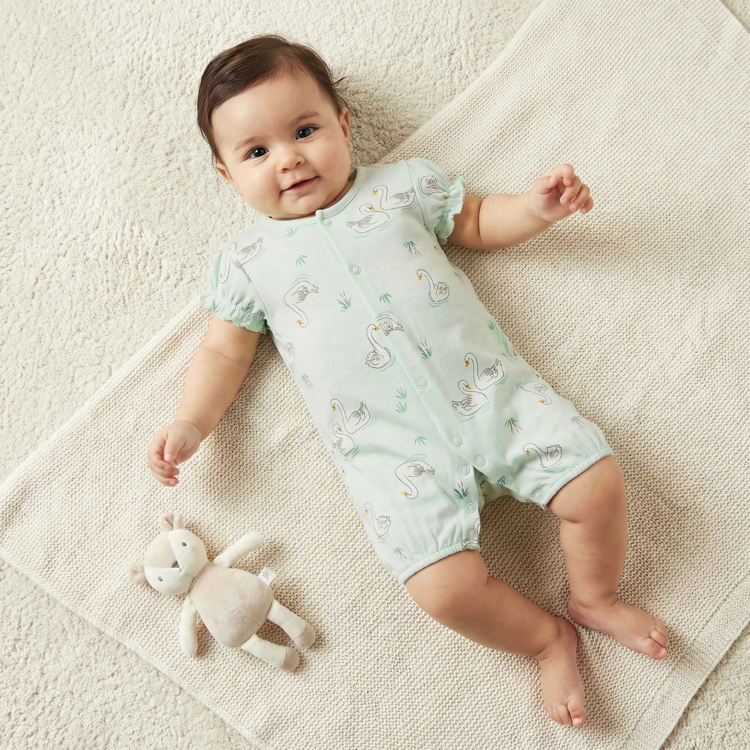 Juniors Round Neck Short Sleeves Romper with Swan Print