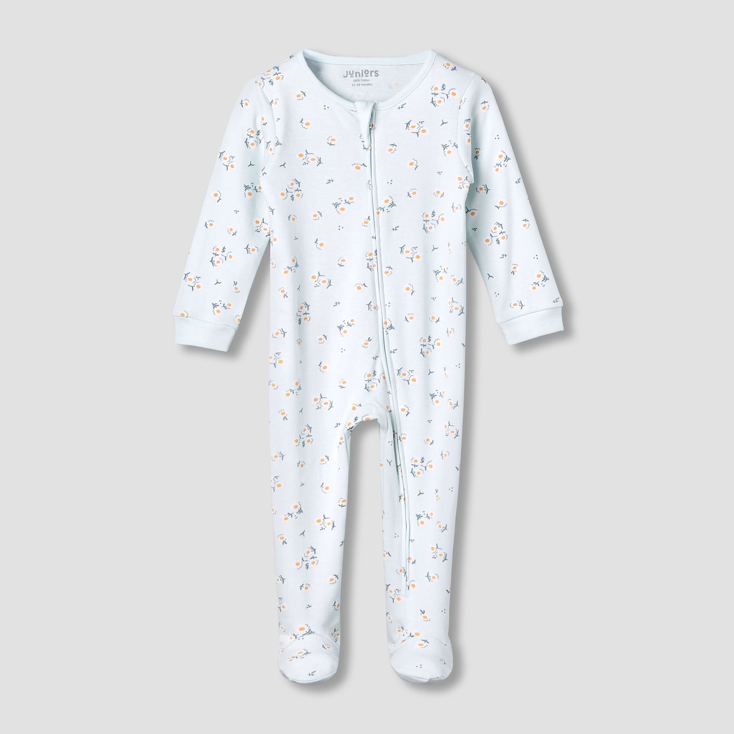 Juniors Cotton Round Neck Long Sleeve Sleepsuit with Zip Closure - Blue / 12-18 mths
