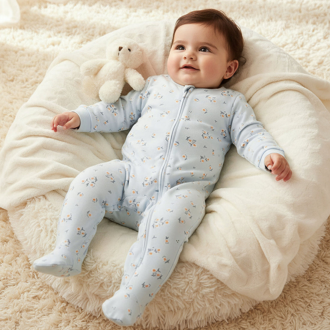Juniors Cotton Round Neck Long Sleeve Sleepsuit with Zip Closure - Blue / 12-18 mths