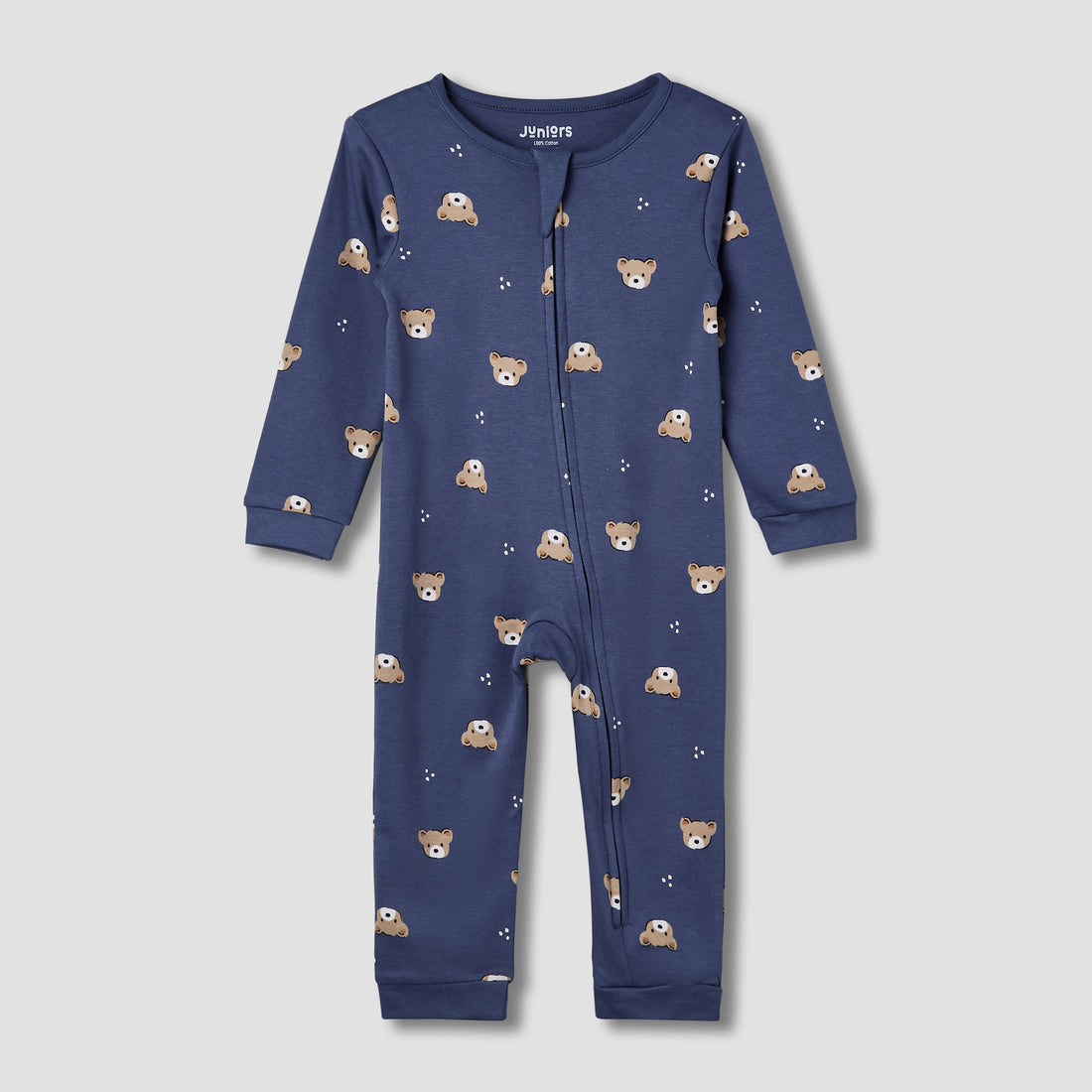 Juniors Cotton Round Neck Long Sleeve Sleepsuit with Zip Closure - Blue / 12-18 mths