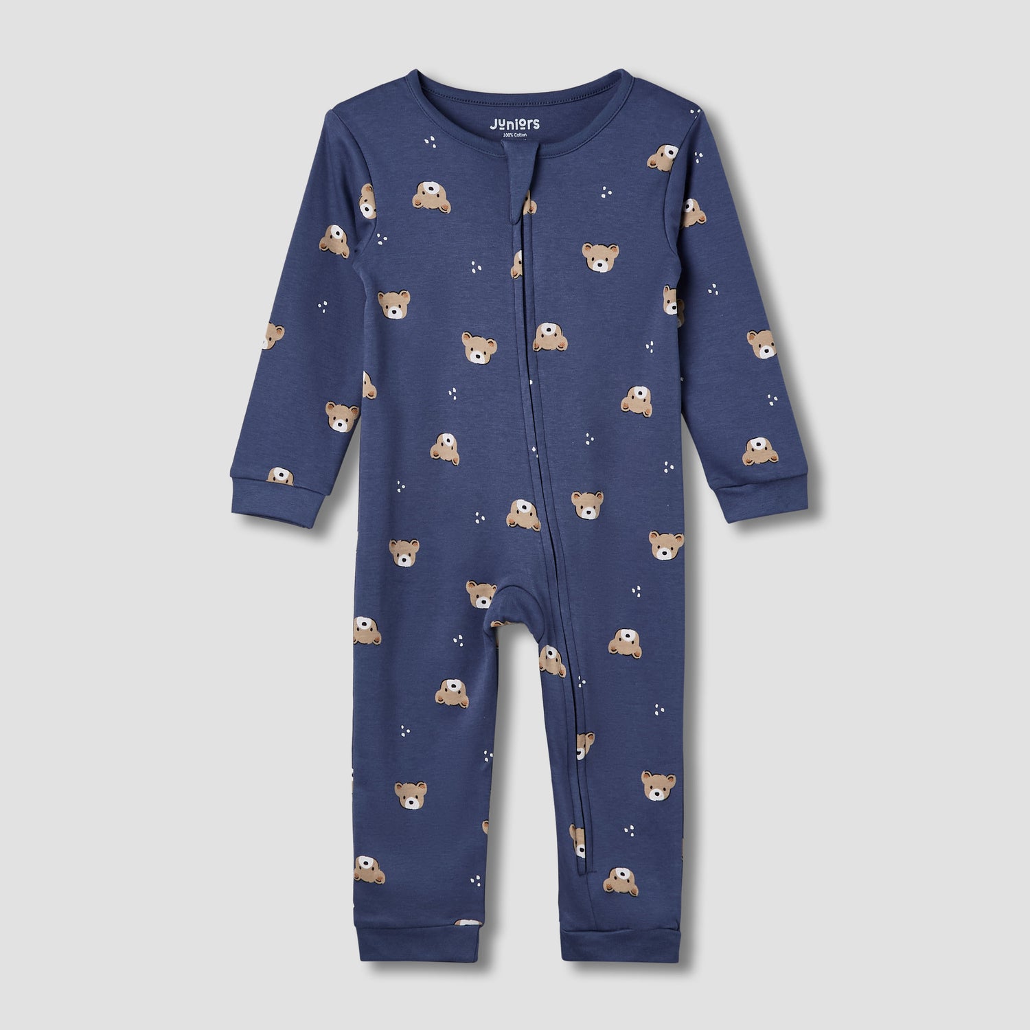 Juniors Cotton Round Neck Long Sleeve Sleepsuit with Zip Closure - Blue / 12-18 mths