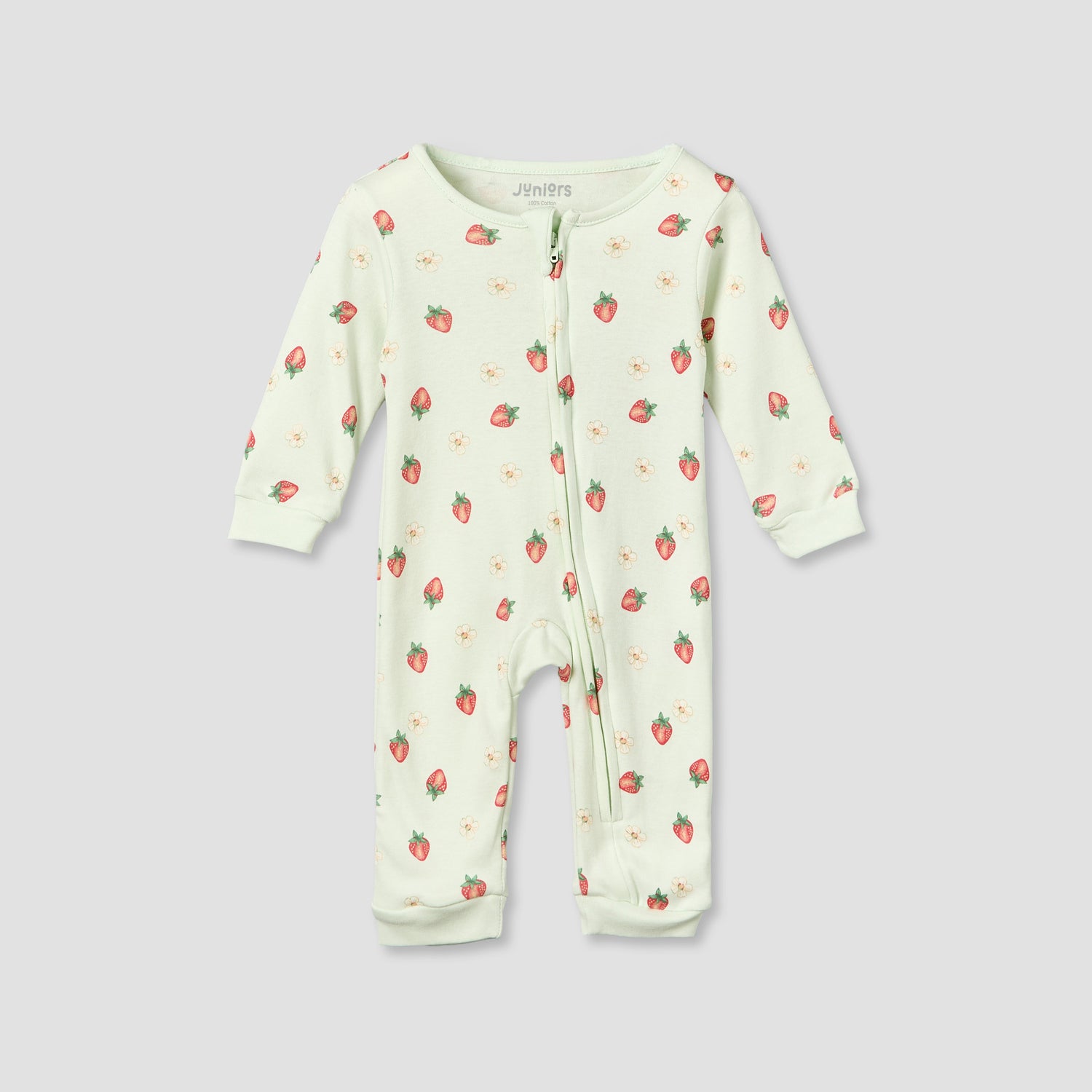 Juniors Cotton Crew Neck Long Sleeves Sleepsuit with Strawberry Print