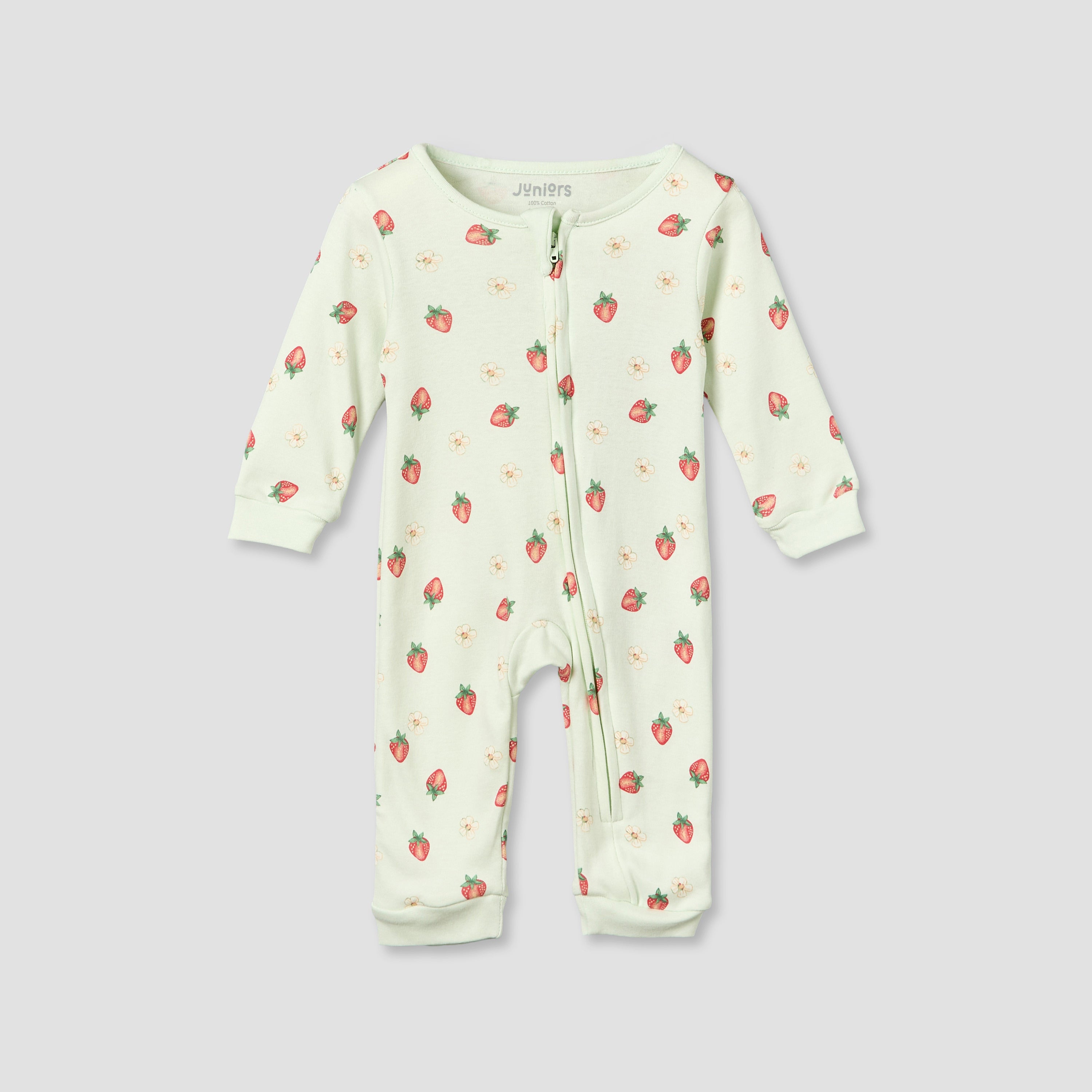 Juniors Cotton Crew Neck Long Sleeves Sleepsuit with Strawberry Print
