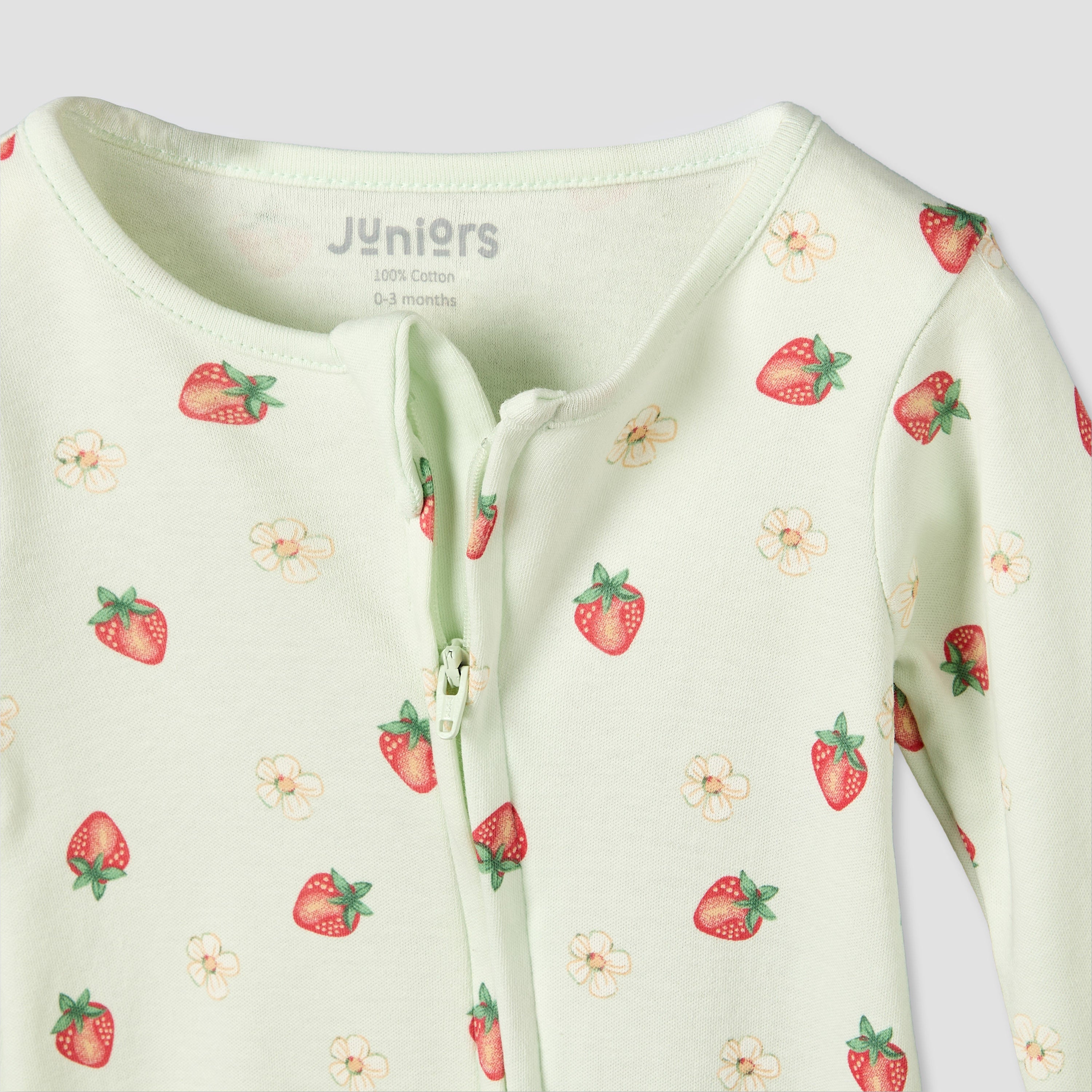 Juniors Cotton Crew Neck Long Sleeves Sleepsuit with Strawberry Print