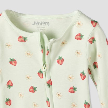 Juniors Cotton Crew Neck Long Sleeves Sleepsuit with Strawberry Print