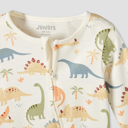 Juniors Cotton Crew Neck Long Sleeves Sleepsuit with Dinosaur Print