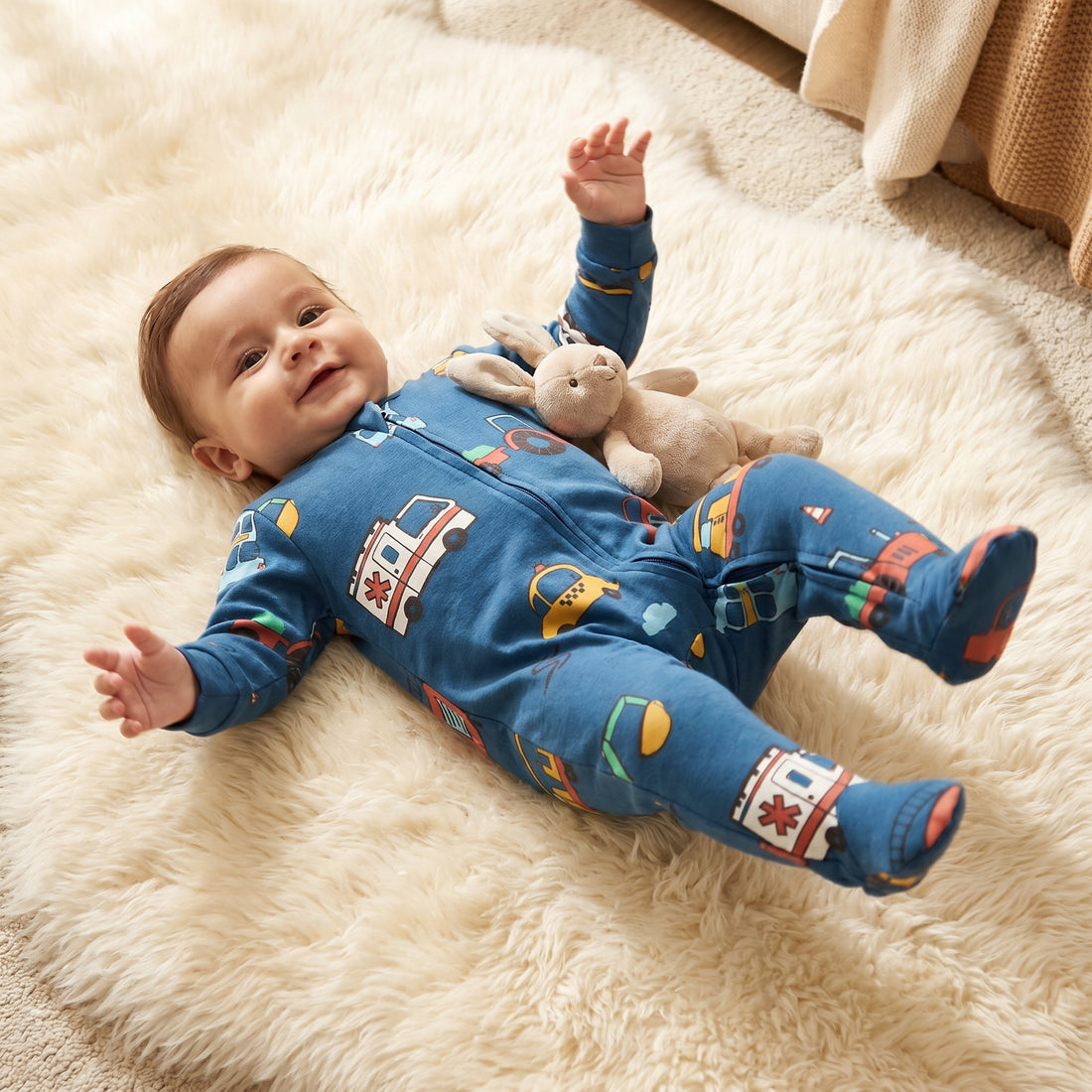 Juniors Cotton Crew Neck Long Sleeves Sleepsuit with Vehicle Print