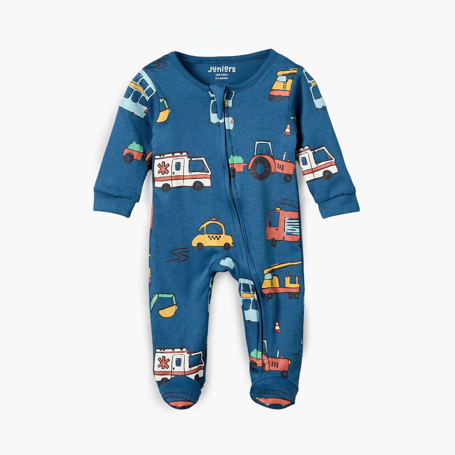 Juniors Cotton Crew Neck Long Sleeves Sleepsuit with Vehicle Print