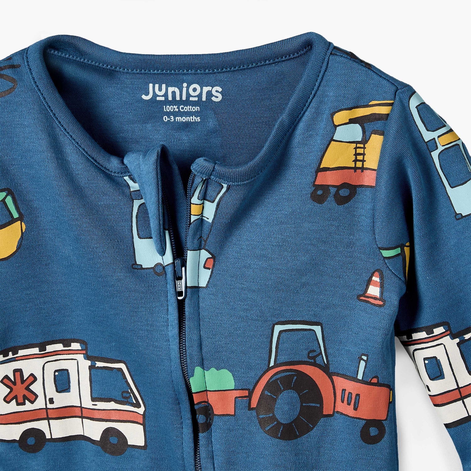 Juniors Cotton Crew Neck Long Sleeves Sleepsuit with Vehicle Print
