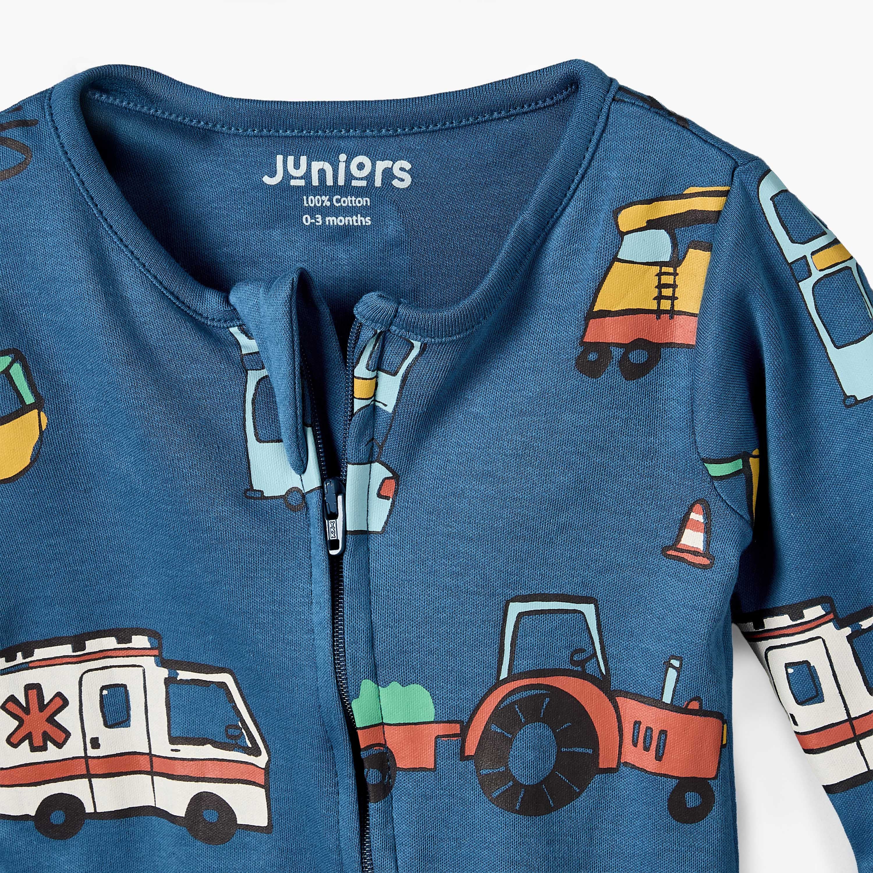 Juniors Cotton Crew Neck Long Sleeves Sleepsuit with Vehicle Print