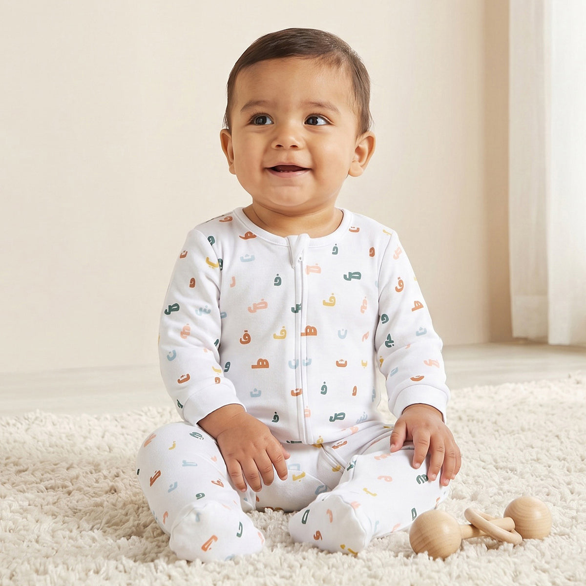 Juniors Cotton Crew Neck Long Sleeves Sleepsuit with Alphabet Print