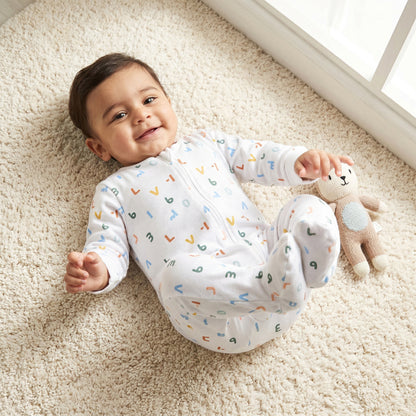 Juniors Cotton Round Neck Long Sleeves Sleepsuit with Alphabet Print - White / 9-12 mths