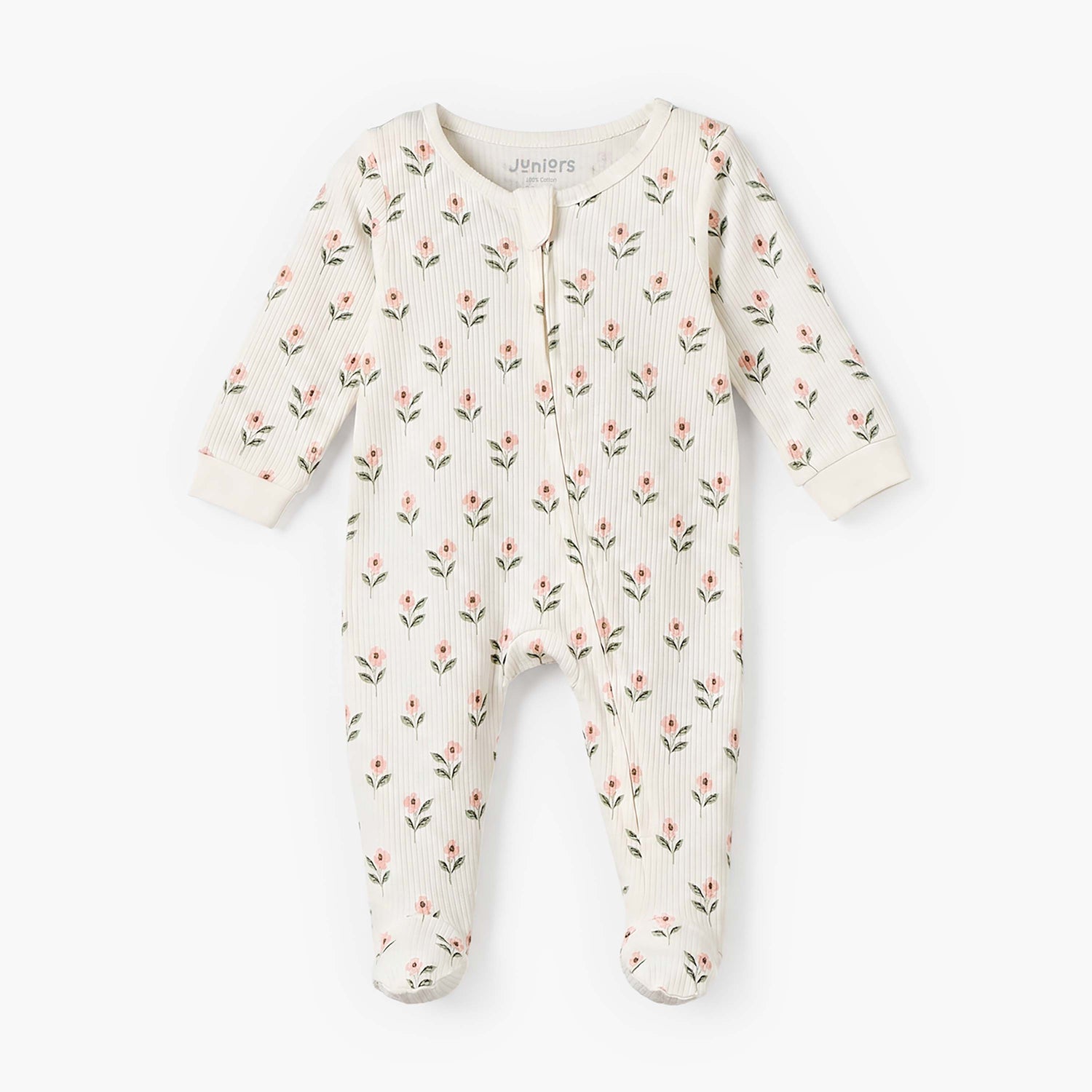 Juniors Cotton Round Neck Long Sleeves Sleepsuit with Floral Print - Cream / 12-18 mths