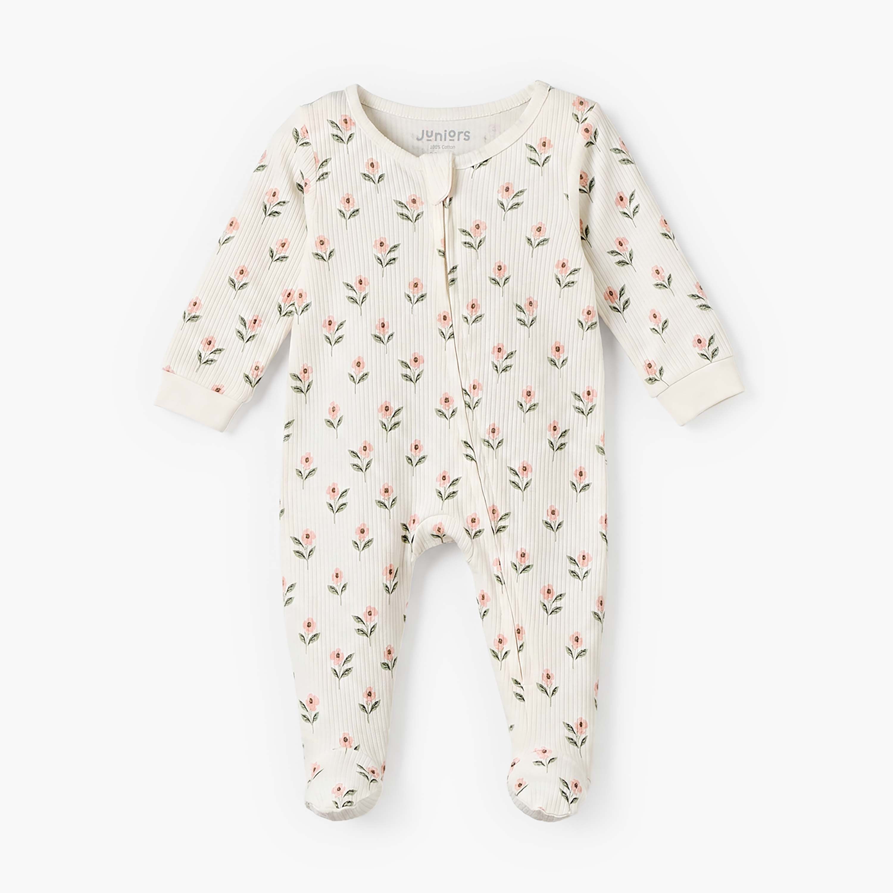 Juniors Cotton Round Neck Long Sleeves Sleepsuit with Floral Print - Cream / 12-18 mths