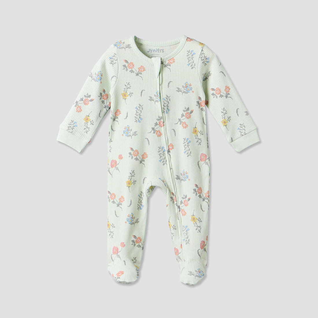 Juniors Cotton Crew Neck Long Sleeves Sleepsuit with Floral Print - Green / 12-18 mths