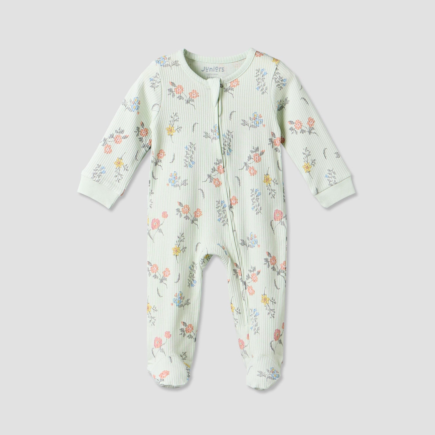 Juniors Cotton Crew Neck Long Sleeves Sleepsuit with Floral Print - Green / 12-18 mths