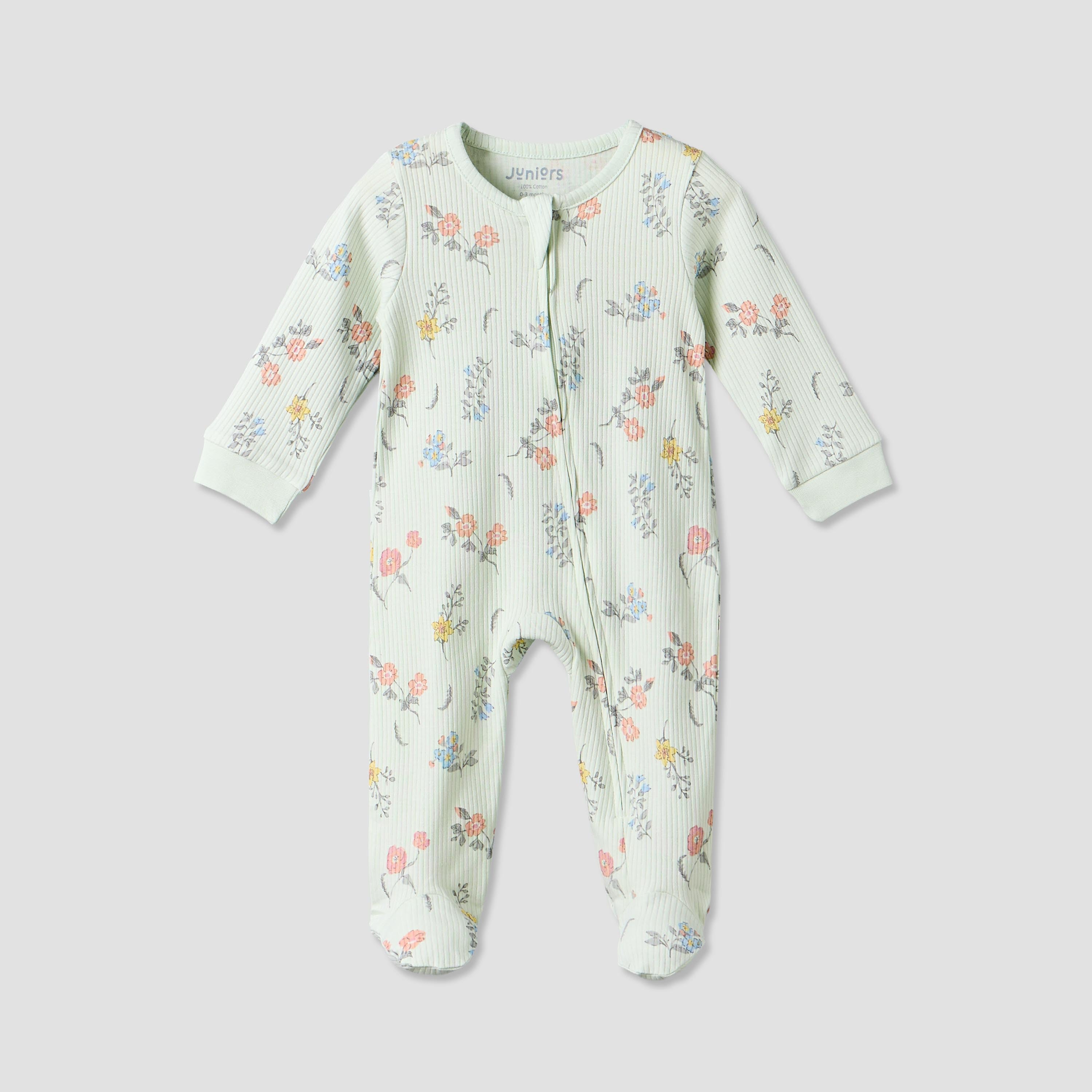 Juniors Cotton Crew Neck Long Sleeves Sleepsuit with Floral Print - Green / 12-18 mths