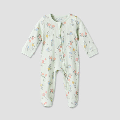 Juniors Cotton Crew Neck Long Sleeves Sleepsuit with Floral Print - Green / 12-18 mths