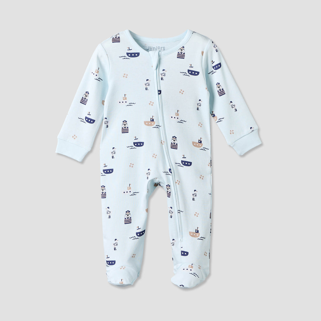 Juniors Cotton Crew Neck Long Sleeves Sleepsuit with Nautical Print - Blue / 12-18 mths