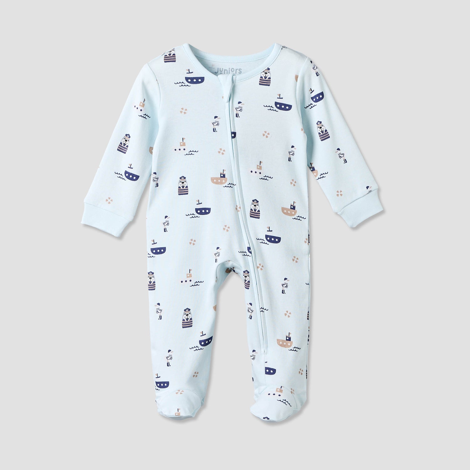 Juniors Cotton Crew Neck Long Sleeves Sleepsuit with Nautical Print - Blue / 12-18 mths