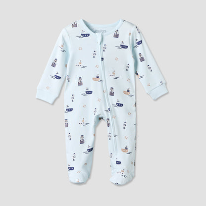 Juniors Cotton Crew Neck Long Sleeves Sleepsuit with Nautical Print - Blue / 12-18 mths