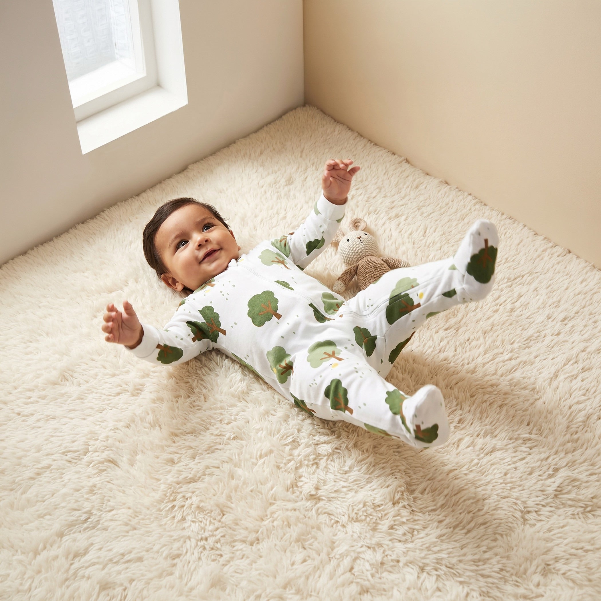 Juniors Cotton Round Neck Long Sleeves Sleepsuit with Tree Print - White / 12-18 mths