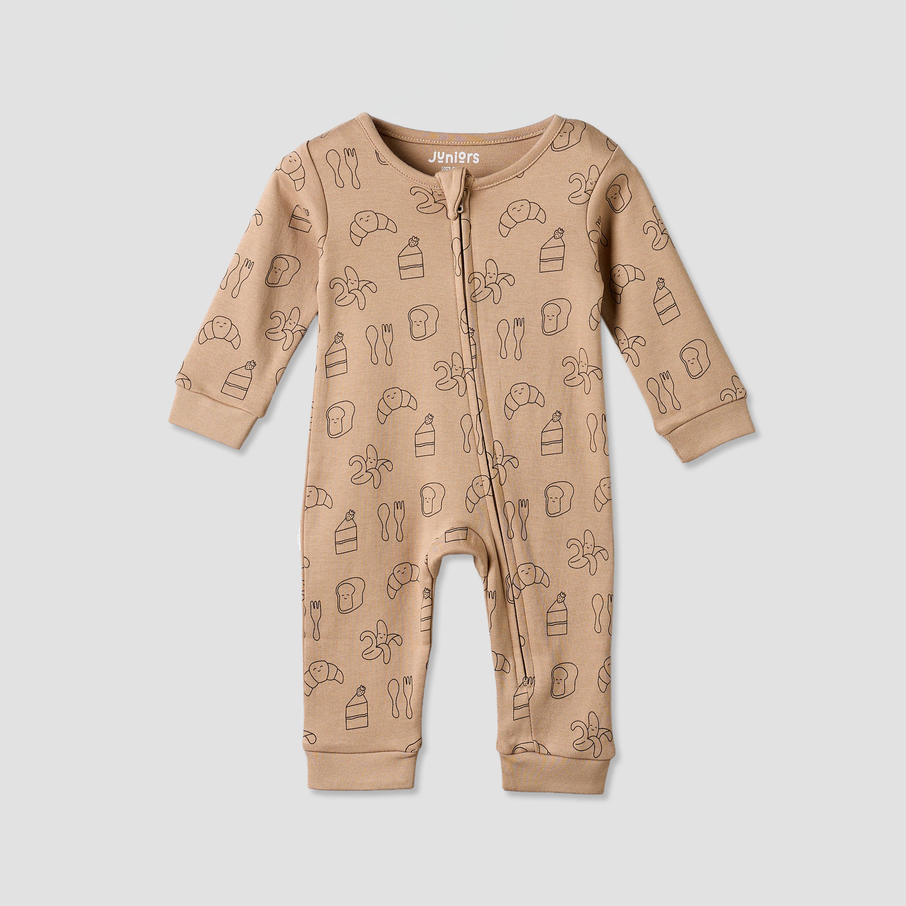 Juniors Cotton Crew Neck Long Sleeves Sleepsuit with Food Print - Beige / 12-18 mths