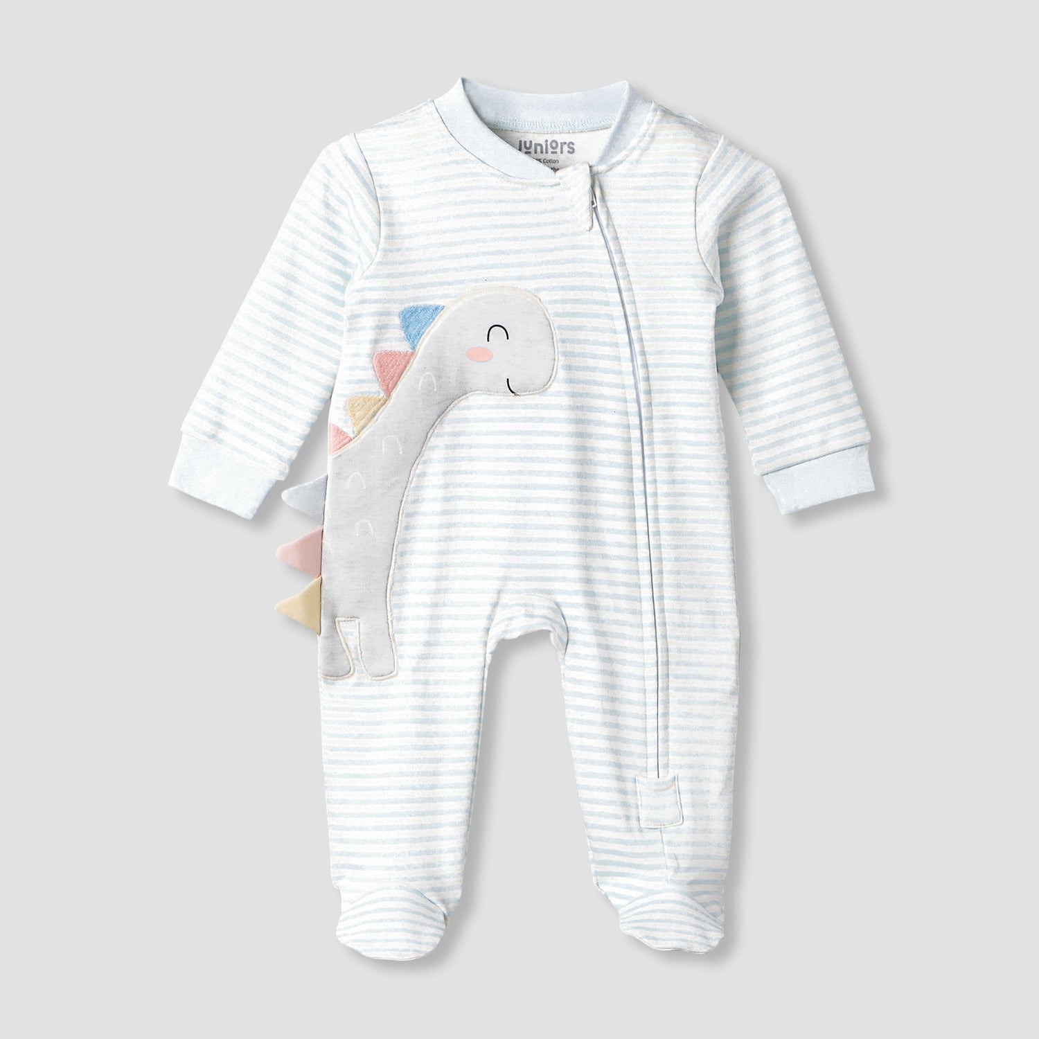 Juniors Cotton Mandarin Collar Long Sleeves Sleepsuit with Dinosaur Applique - Blue / 12-18 mths