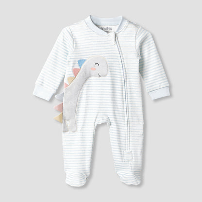 Juniors Cotton Mandarin Collar Long Sleeves Sleepsuit with Dinosaur Applique - Blue / 12-18 mths