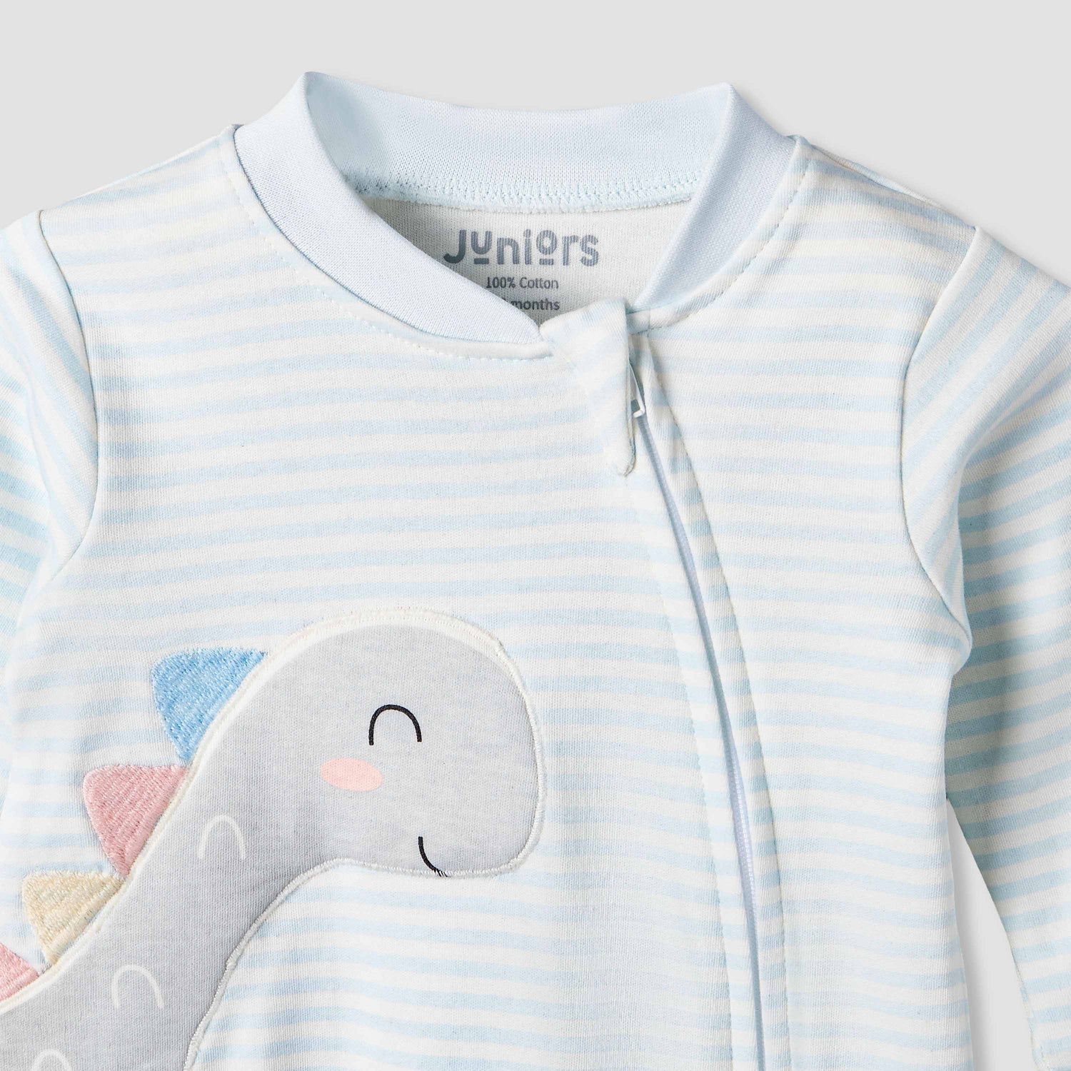 Juniors Cotton Mandarin Collar Long Sleeves Sleepsuit with Dinosaur Applique