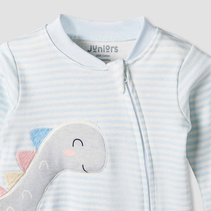 Juniors Cotton Mandarin Collar Long Sleeves Sleepsuit with Dinosaur Applique