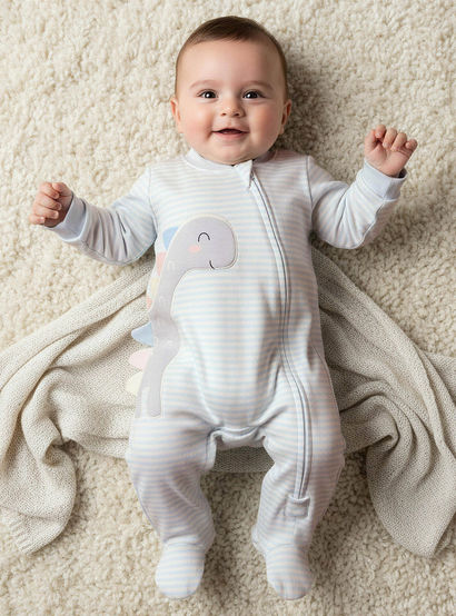 Juniors Cotton Mandarin Collar Long Sleeves Sleepsuit with Dinosaur Applique-baby-girls-clothing-nightwear-sleepsuits-image-1
