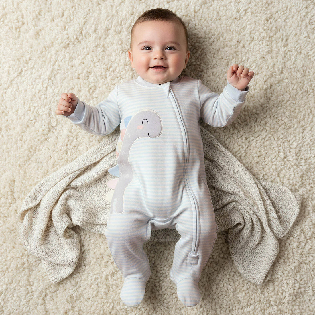 Juniors Cotton Mandarin Collar Long Sleeves Sleepsuit with Dinosaur Applique - Blue / 12-18 mths