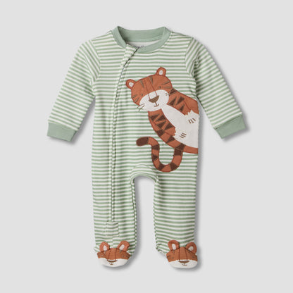 Juniors Cotton Crew Neck Long Sleeves Sleepsuit with Tiger Applique - Green / 12-18 mths