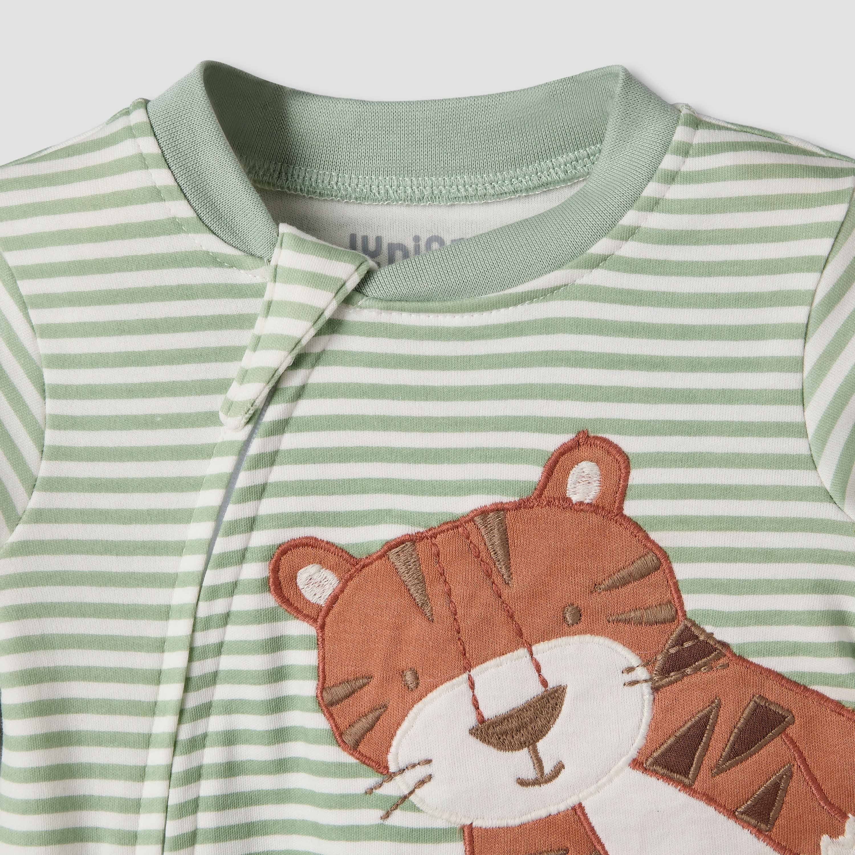 Juniors Cotton Crew Neck Long Sleeves Sleepsuit with Tiger Applique