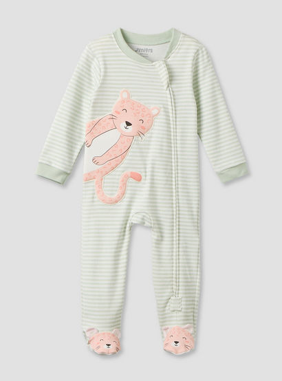 Juniors Cotton Mandarin Collar Long Sleeves Sleepsuit with Zip Closure-baby-girls-clothing-nightwear-sleepsuits-image-2