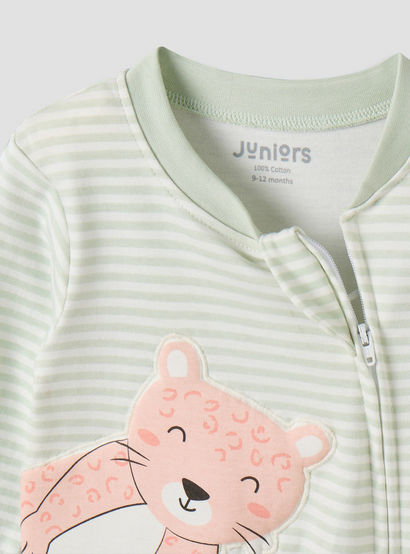 Juniors Cotton Mandarin Collar Long Sleeves Sleepsuit with Zip Closure-baby-girls-clothing-nightwear-sleepsuits-image-4