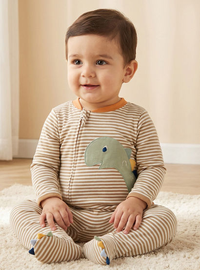 Juniors Cotton Mandarin Collar Long Sleeves Sleepsuit with Zip Closure-baby-boys-clothing-nightwear-sleepsuits-image-1