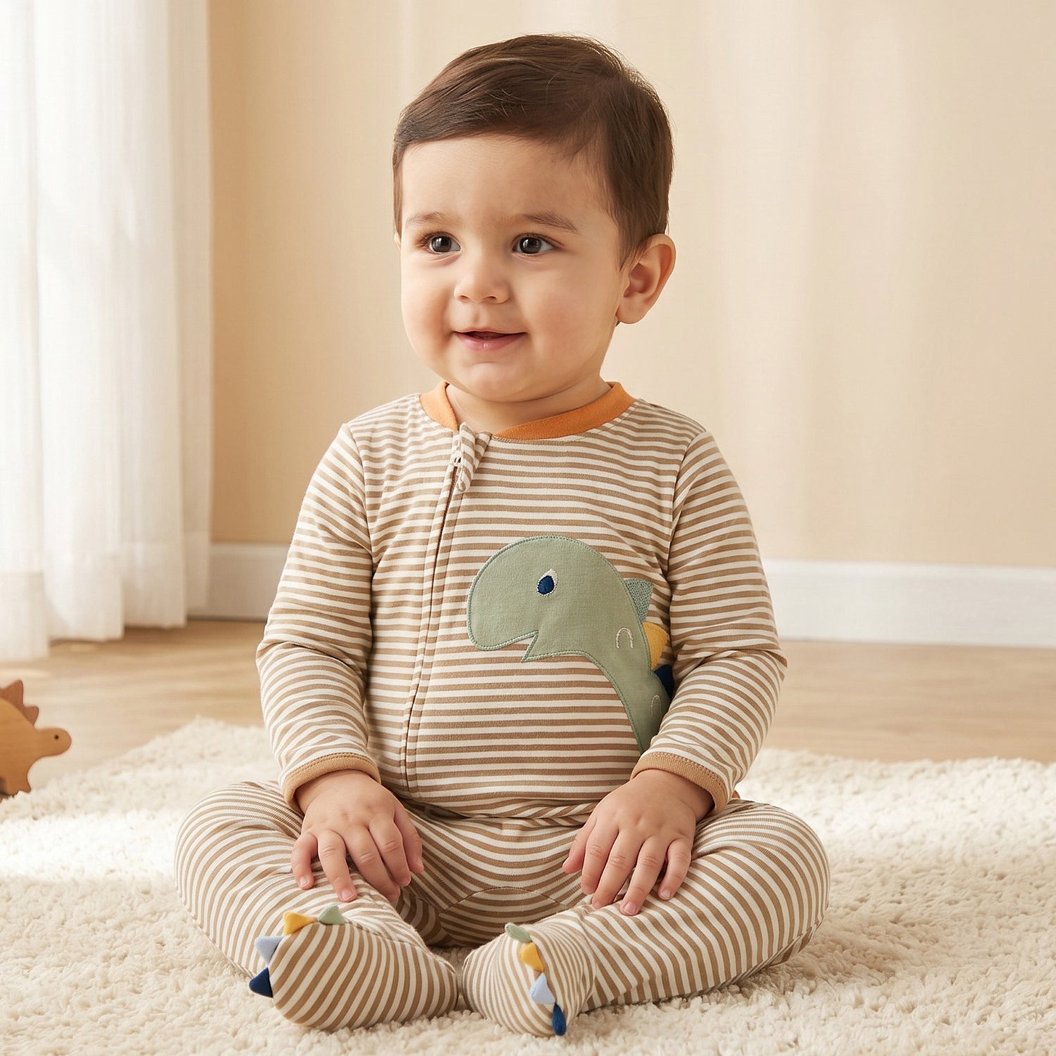 Juniors Cotton Mandarin Collar Long Sleeves Sleepsuit with Zip Closure - Brown / 12-18 mths