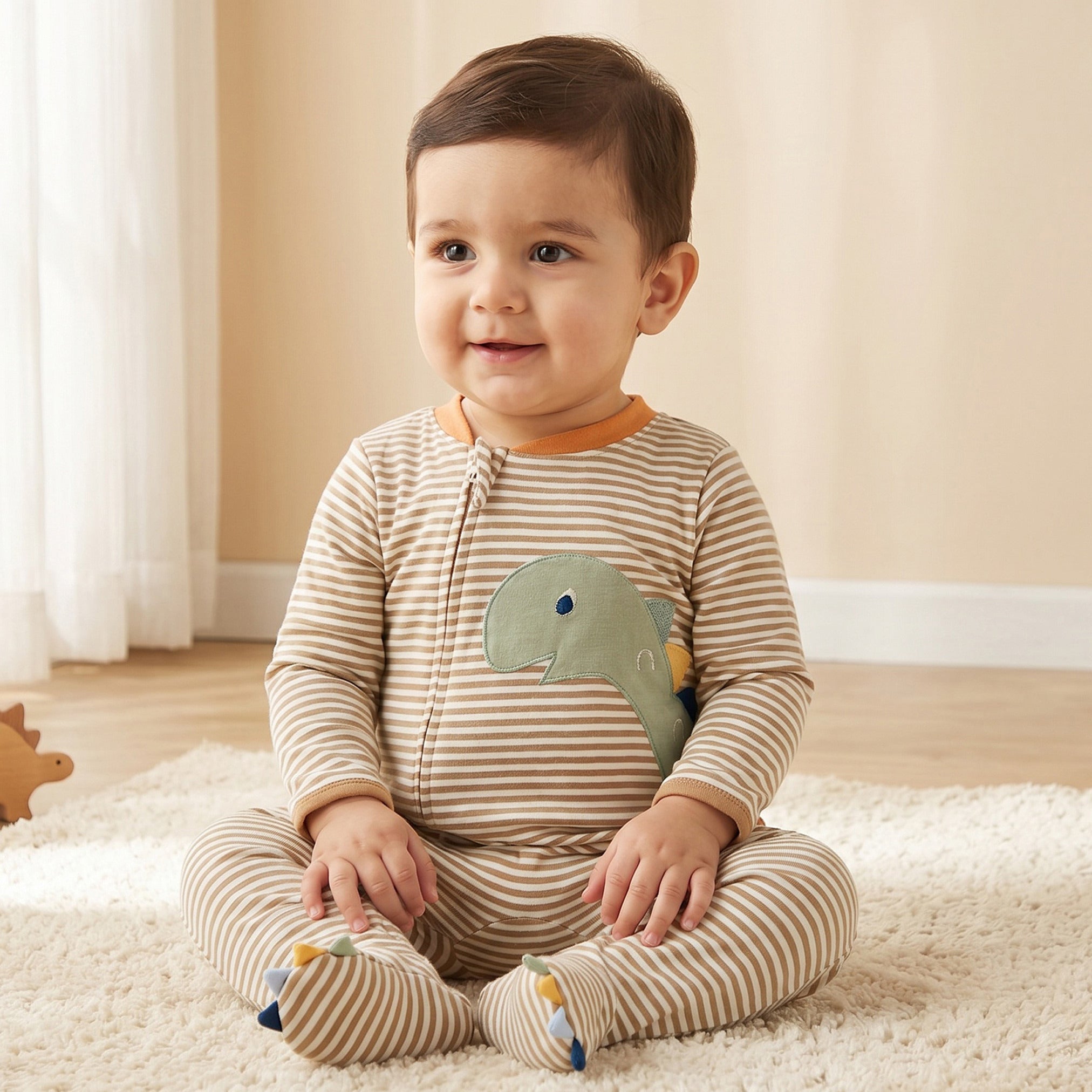 Juniors Cotton Mandarin Collar Long Sleeves Sleepsuit with Zip Closure - Brown / 12-18 mths