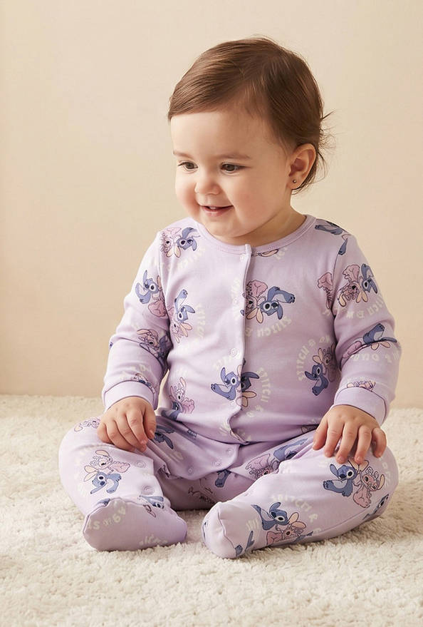 Disney Cotton Round Neck Long Sleeves Sleepsuit with Stitch and Angel Print