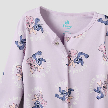 Disney Cotton Round Neck Long Sleeves Sleepsuit with Stitch and Angel Print