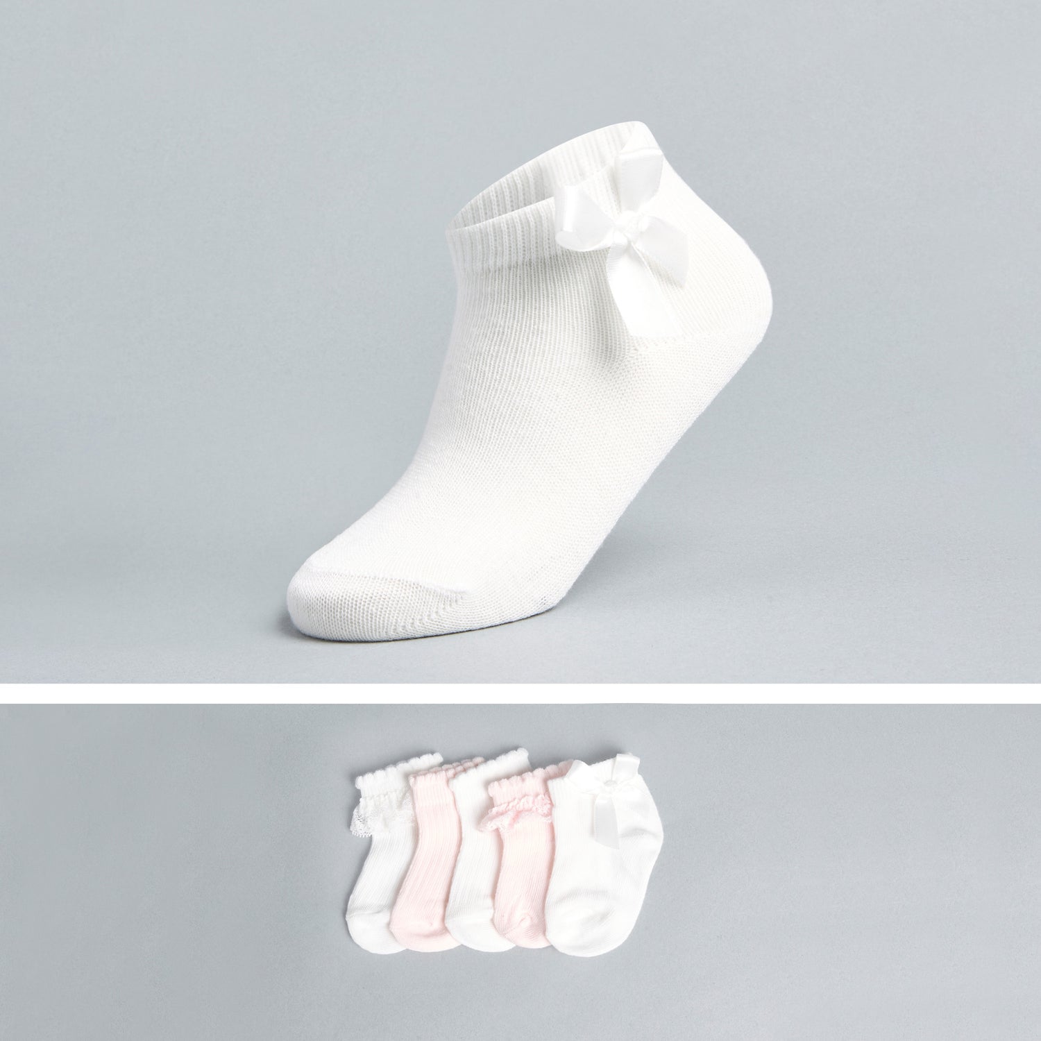 Pack of 5 - Bow Embellished Ankle Length Socks - Multicolour / 15-16