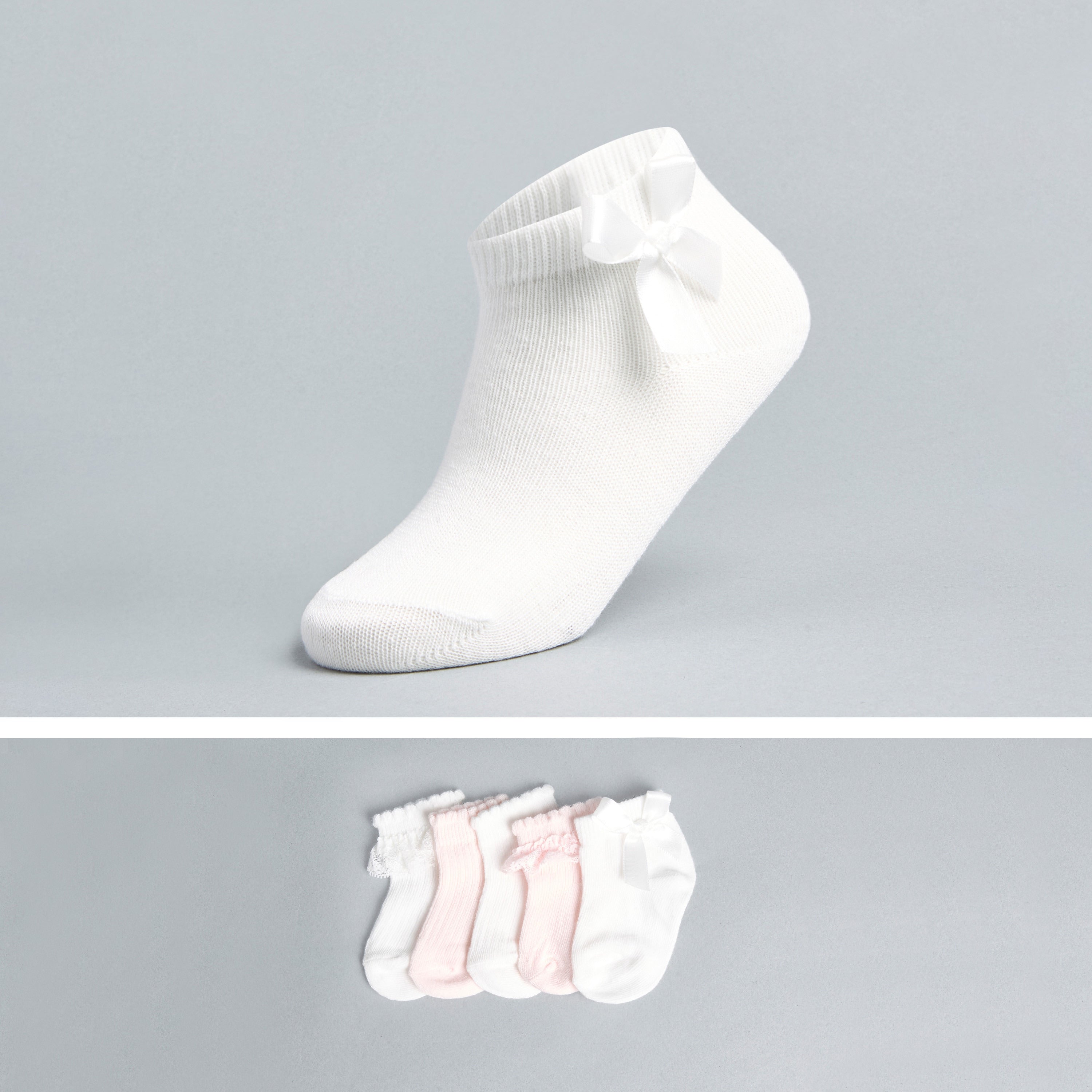 Pack of 5 - Bow Embellished Ankle Length Socks - Multicolour / 15-16